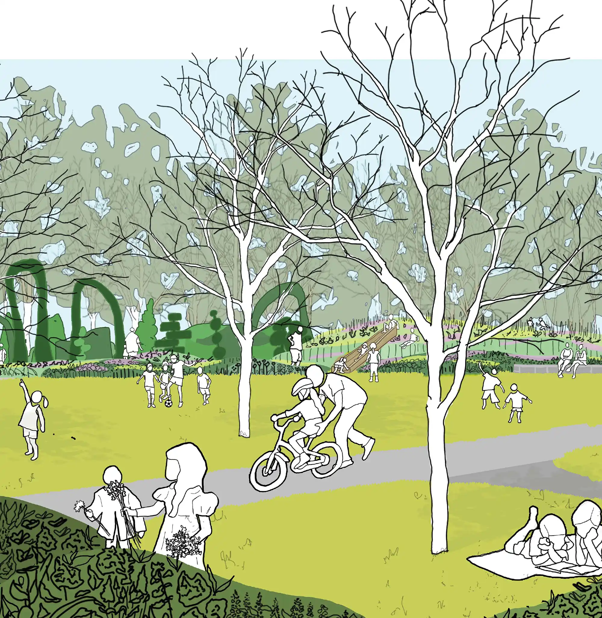 Landscape design concept for a community garden at Auburn University, showing a vibrant green space with winding paths and outdoor seating areas.