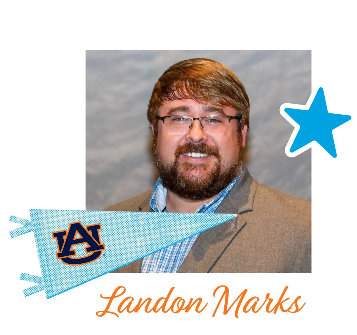 Portrait of Landon Marks smiling and wearing glasses, a blazer, and a patterned shirt, set against a neutral background with Auburn University-themed graphic elements including a pennant and star, and his name displayed below.