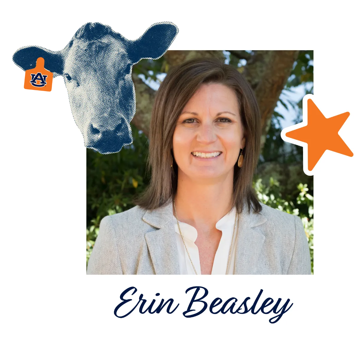 Portrait of Erin Beasley smiling outdoors in a light blazer and white blouse, framed by graphic elements including a stylized cow illustration with an Auburn logo and star accents, with trees in the background and her name displayed below.