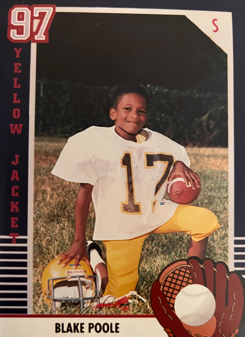 A vintage youth football card for Blake Poole. A young Blake kneels on a grass field wearing a white "17" jersey and yellow pants, holding a football and helmet. The card border features "Yellow Jacket" text and a baseball glove graphic.
