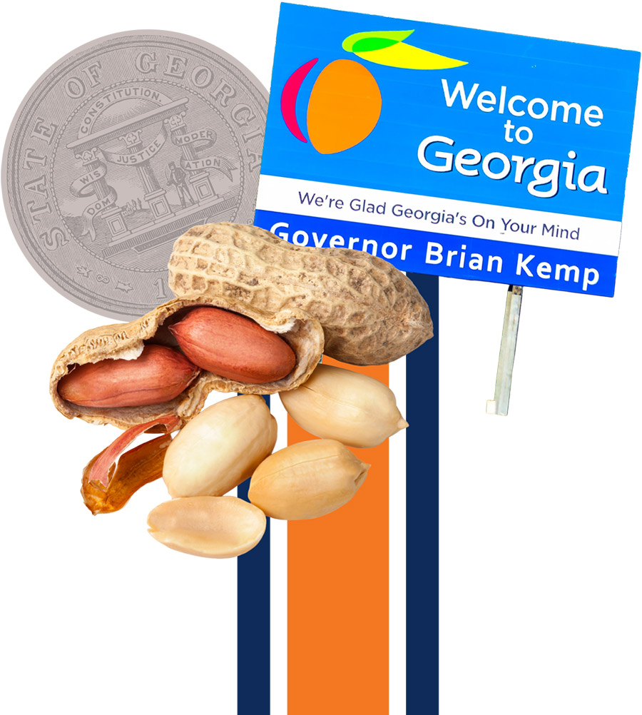 A composite graphic featuring an group of peanuts, a silver State of Georgia seal, and a blue "Welcome to Georgia" sign with Governor Brian Kemp’s name. Vertical navy and orange stripes run behind the elements on a white background.