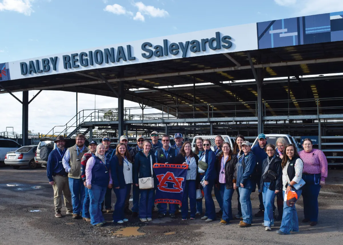 Group photo of Auburn University representatives standing in front of the Dalby Regional Saleyards sign, holding an Auburn University banner outside the livestock facility.