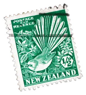 Vintage green New Zealand postage and revenue stamp featuring a bird with spread tail feathers, labeled “New Zealand” and marked with a one-half denomination.