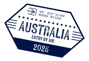 Blue rectangular postal stamp graphic reading “Australia,” designed with distressed edges and a vintage postmark appearance.