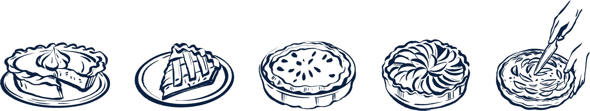 A minimalist, dark blue ink line drawing of five different styles of pies, including a whole lattice-crust pie, a single slice, and a hand slicing into a fruit tart.