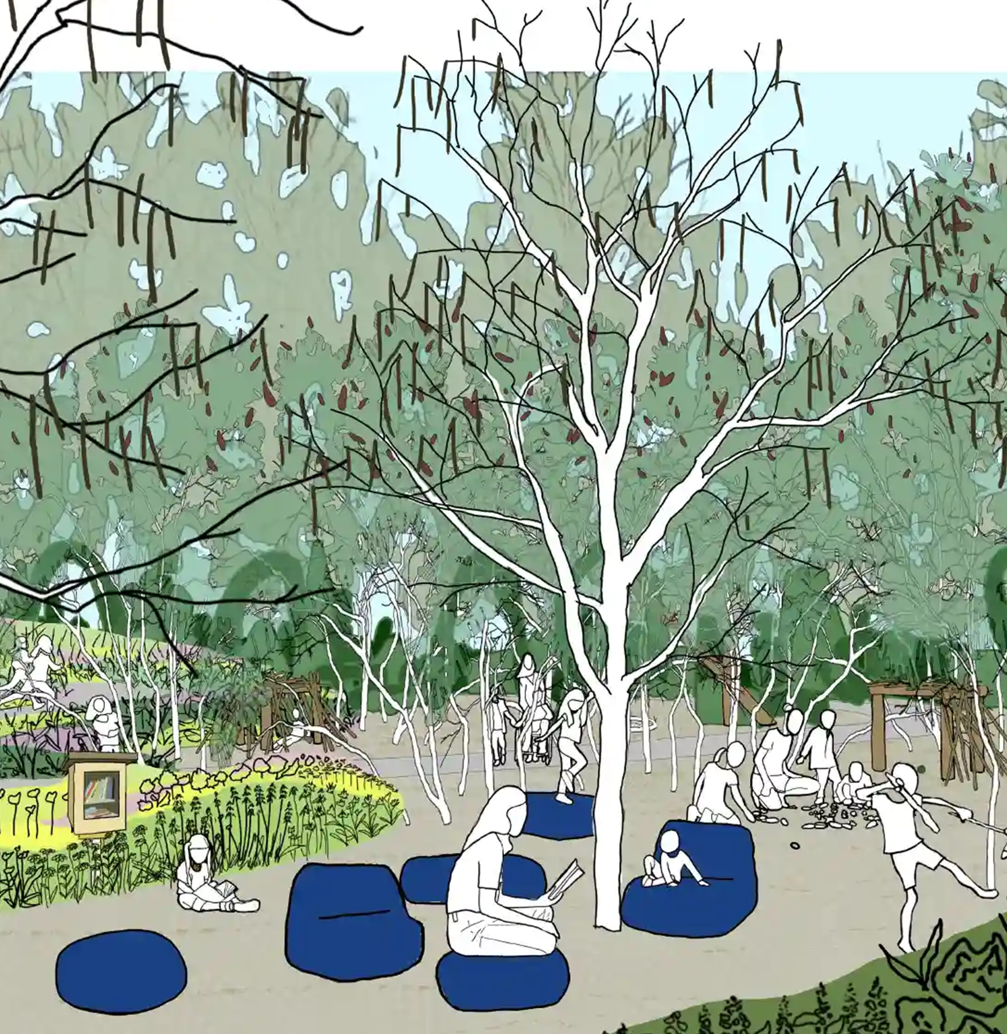 Landscape design concept for a community garden at Auburn University, showing a vibrant green space with winding paths and outdoor seating areas.