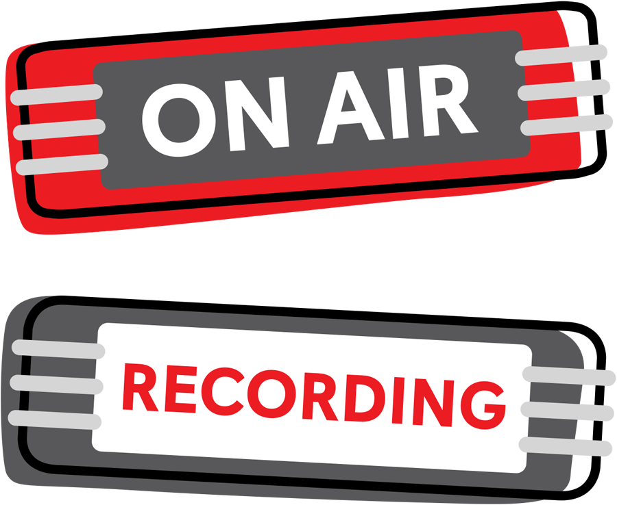 Graphic illustration of two retro studio signs stacked vertically: the top red sign reads "ON AIR" in white letters, and the bottom grey sign reads "RECORDING" in red letters.